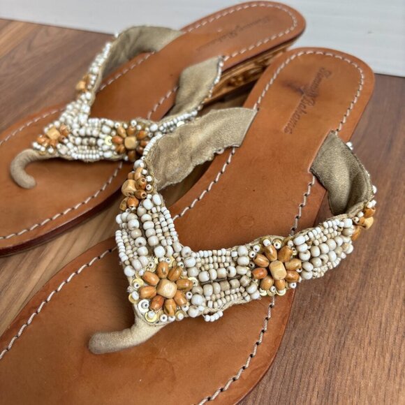 Tommy Bahama Beaded Carved Wood Wedge Flip Flop Thong Sandals Beachy Boho - Picture 4 of 15